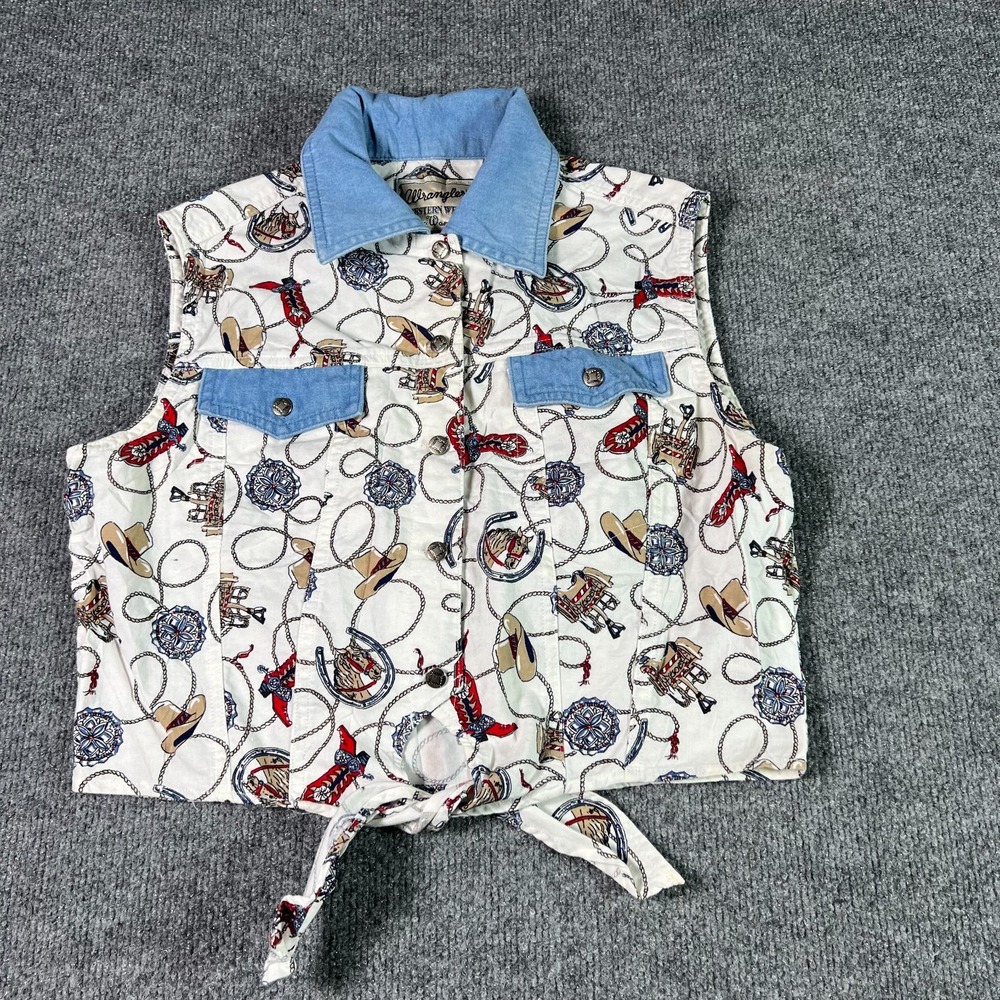 Wrangler Top Womens M White Western Print Tie Front Denim Collar Cowgirl Cropped